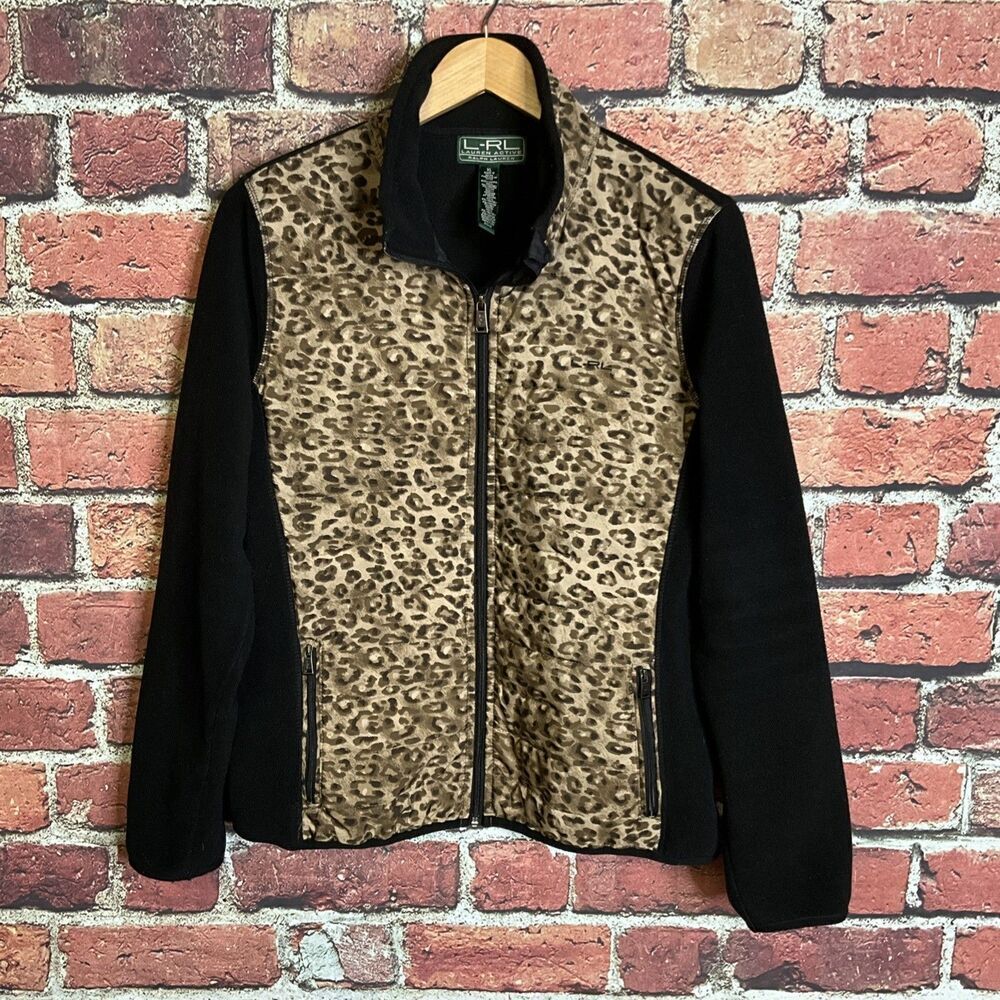 LRL Lauren Ralph Lauren Jacket Women XL Cheetah Leopard Fleece Active Full Zip